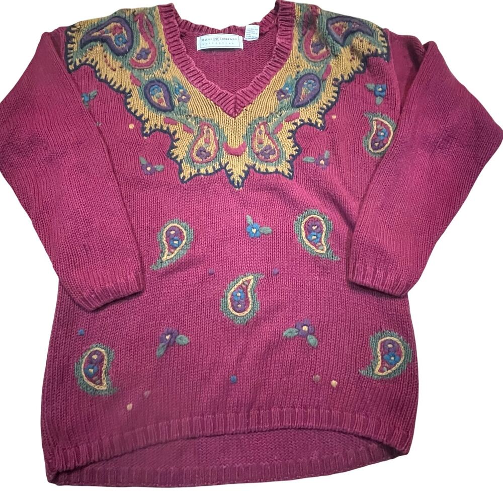 90s Maggie Lawrence Embroidered Knit Sweater Women Small Boho Paisley Oversized